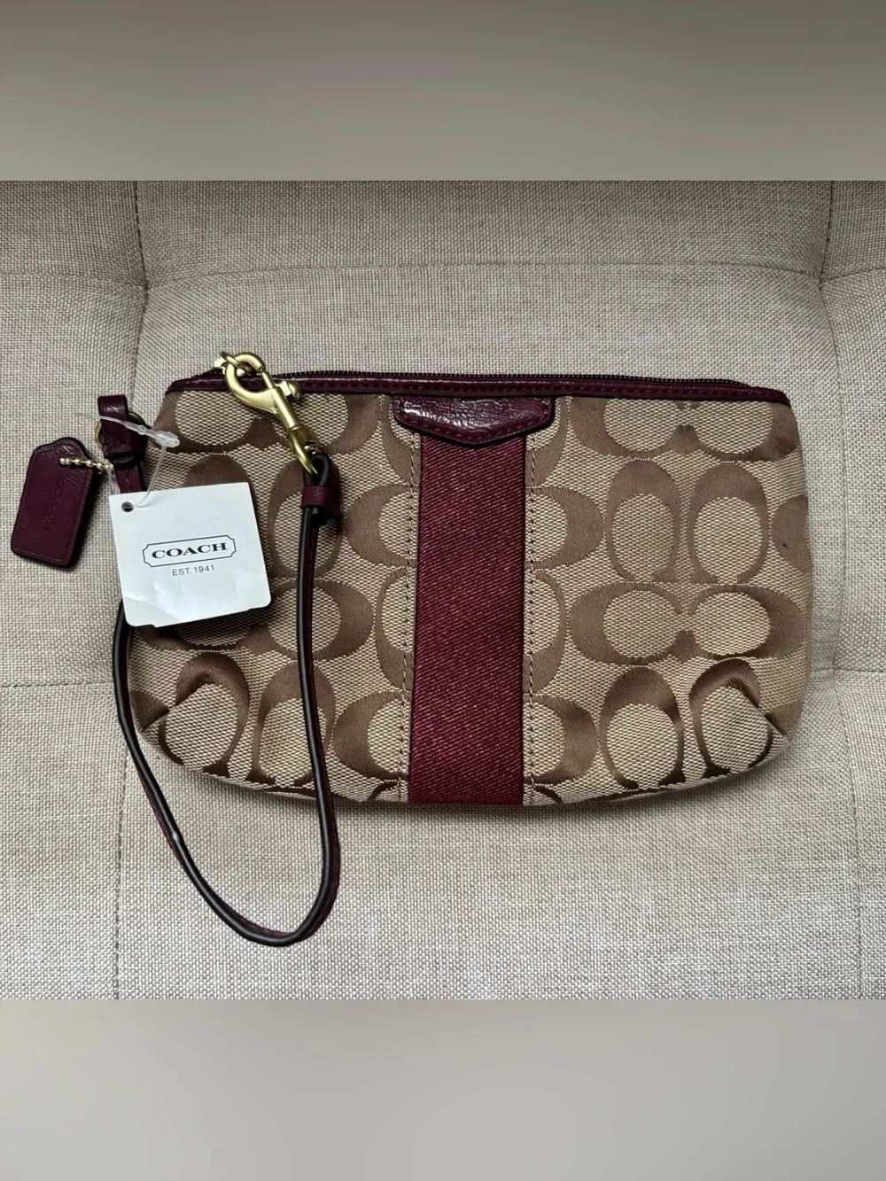 COACH Signature Canvas Wristlet in Khaki and Merlot